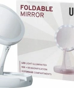 UNIQ Inklapbare Make-up Spiegel Met Heldere LED En 10x Vergroting - Staande Make-up Spiegel - Reisspiegel - Wit -Chanel Shop 550x420