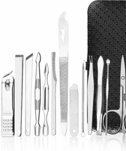 Medies - Luxe Manicureset 16 Delig Met Lederen Luxe Etui | Pedicure Set | Manicure Etui | Manicure Sets | Pedicure Sets | Nagelverzorging | Nagelknippers | Comedonlepels | Nagelvijl | Nagelriemknipper | Teennageltang | Nagelschaar | RVS