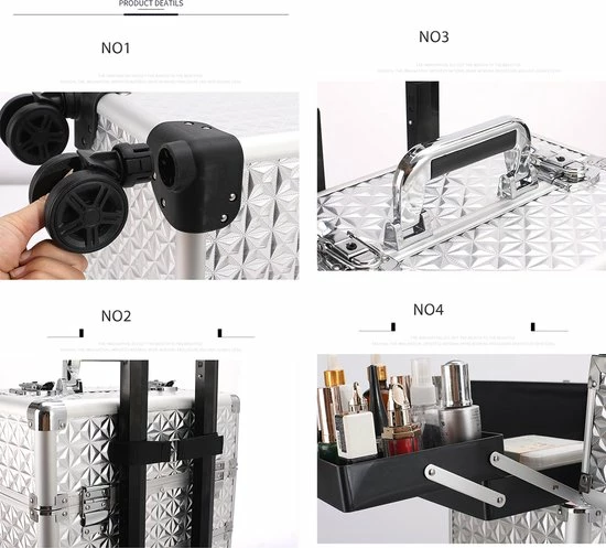 Guardian Beauty Kapper Koffer Zilver | Nagel | Visagist | Make-up | Cosmetica | Schminken | Trolley Stevig En Gemaakt Van Aluminium | 3 Delig | 8 Wielen | Bedekt Met Mooie Diamantjes 7 Guardian Beauty Kapper Koffer Zilver | Nagel | Visagist | Make-up | Cosmetica | Schminken | Trolley Stevig En Gemaakt Van Aluminium | 3 Delig | 8 Wielen | Bedekt Met Mooie Diamantjes - Afbeelding 5