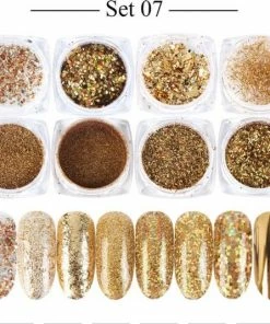 Merkloos Glitter Poeder Nail Art Set - 8 Stuks - Goud / Chroom / Brons - Nagel Decoratie Strass