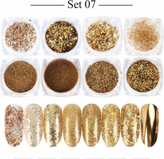 Merkloos Glitter Poeder Nail Art Set - 8 Stuks - Goud / Chroom / Brons - Nagel Decoratie Strass 3 Merkloos Glitter Poeder Nail Art Set - 8 Stuks - Goud / Chroom / Brons - Nagel Decoratie Strass