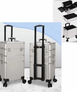 Guardian Beauty Kapper Koffer Zilver | Nagel | Visagist | Make-up | Cosmetica | Schminken | Trolley Stevig En Gemaakt Van Aluminium | 3 Delig | 8 Wielen | Bedekt Met Mooie Diamantjes