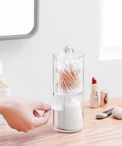 Without Lemon - Wattenstaafjes En Wattenschijfjes Houder - Dubbel Transparant Opberghouder - Opbergdoosje - Makeup Organizer - Open En Dichte Houder - Met Deksel - Stapelbaar