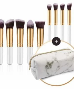 Evvie Set Van 10 Make-up Kwasten Kabuki In Marble Etui - Wit-Goud