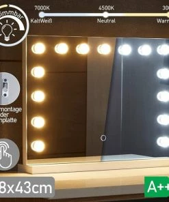 Aquamarin Hollywood Make Up Spiegel, Dimbaar, 58x 43 Cm, Theater Spiegel