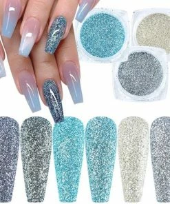 ISO Products Glitter Poeder Nail Art Set - 6 Stuks - Blauw / Zilver / Turquoise/ Glinster - Nagel Decoratie Strass